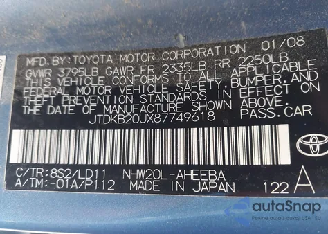 2008 Toyota Prius из США, поврежденный, VIN JTDKB20UX87749618
